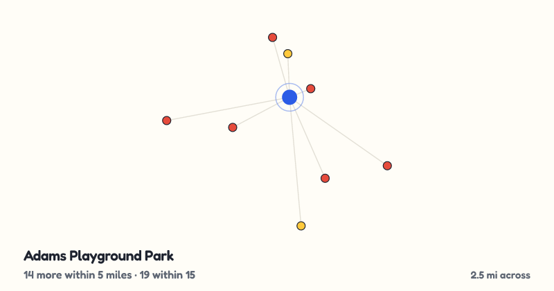 Map of Adams Playground Park and the 19 other playgrounds within 15 miles