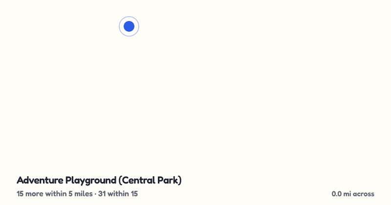 Map of Adventure Playground (Central Park) and the 31 other playgrounds within 15 miles