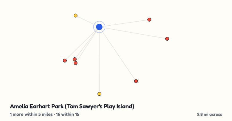 Map of Amelia Earhart Park (Tom Sawyer's Play Island) and the 16 other playgrounds within 15 miles