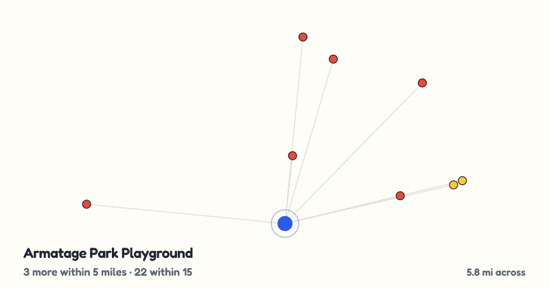 Map of Armatage Park Playground and the 22 other playgrounds within 15 miles