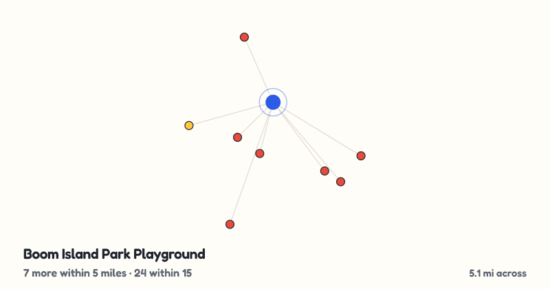 Map of Boom Island Park Playground and the 24 other playgrounds within 15 miles