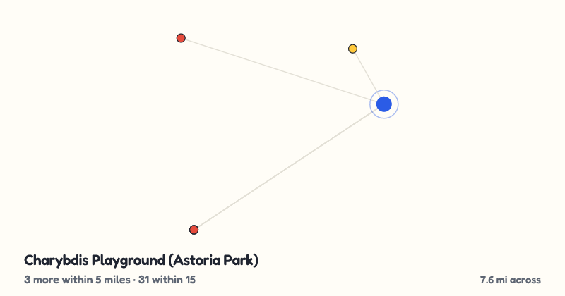 Map of Charybdis Playground (Astoria Park) and the 31 other playgrounds within 15 miles