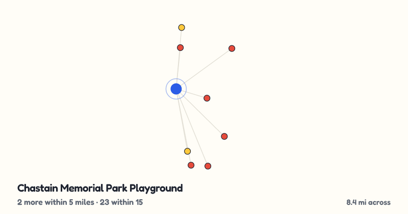 Map of Chastain Memorial Park Playground and the 23 other playgrounds within 15 miles