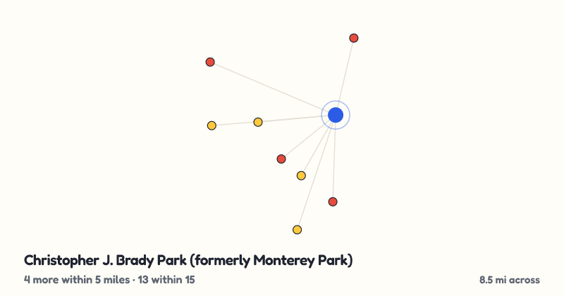Map of Christopher J. Brady Park (formerly Monterey Park) and the 13 other playgrounds within 15 miles
