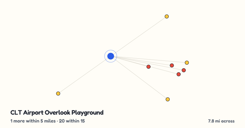 Map of CLT Airport Overlook Playground and the 20 other playgrounds within 15 miles