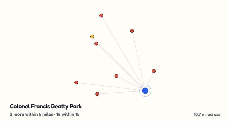 Map of Colonel Francis Beatty Park and the 16 other playgrounds within 15 miles
