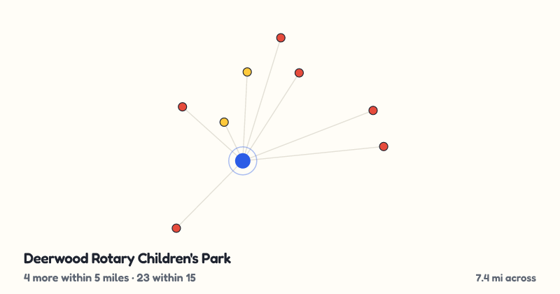 Map of Deerwood Rotary Children's Park and the 23 other playgrounds within 15 miles
