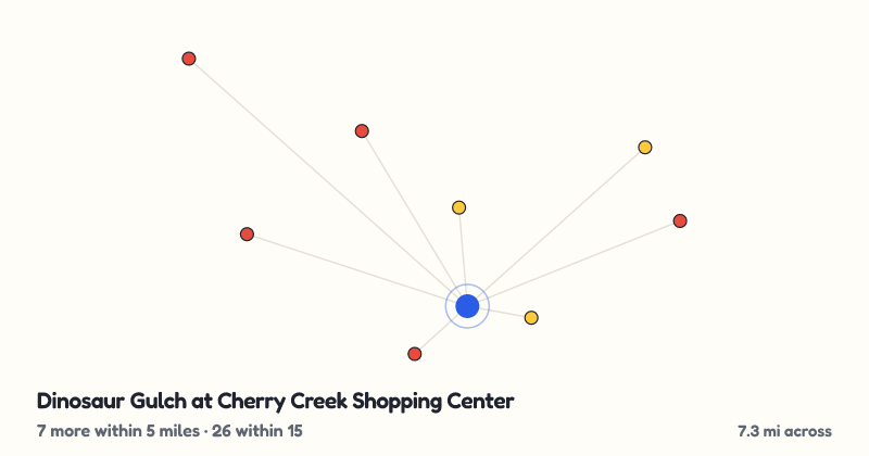 Map of Dinosaur Gulch at Cherry Creek Shopping Center and the 26 other playgrounds within 15 miles