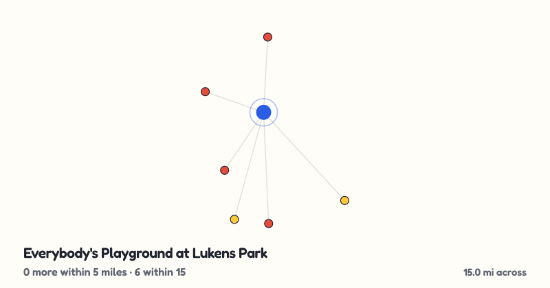 Map of Everybody's Playground at Lukens Park and the 6 other playgrounds within 15 miles
