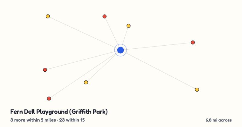 Map of Fern Dell Playground (Griffith Park) and the 23 other playgrounds within 15 miles