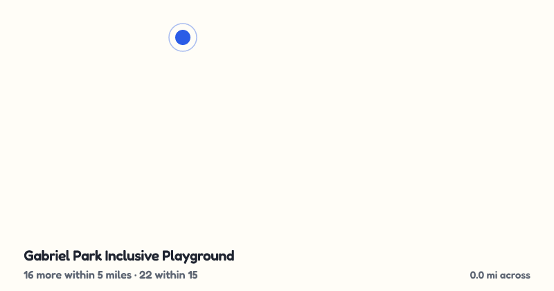 Map of Gabriel Park Inclusive Playground and the 22 other playgrounds within 15 miles