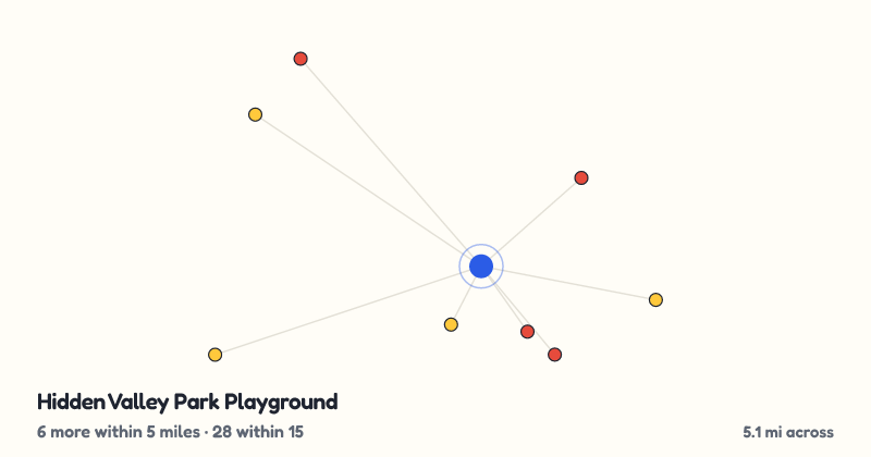 Map of Hidden Valley Park Playground and the 28 other playgrounds within 15 miles