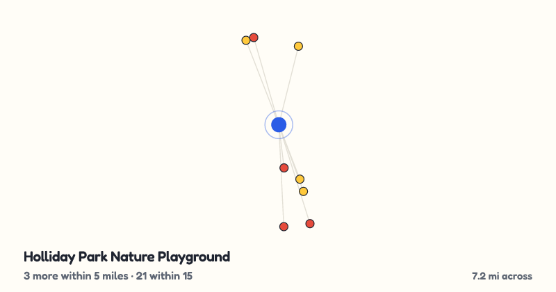 Map of Holliday Park Nature Playground and the 21 other playgrounds within 15 miles