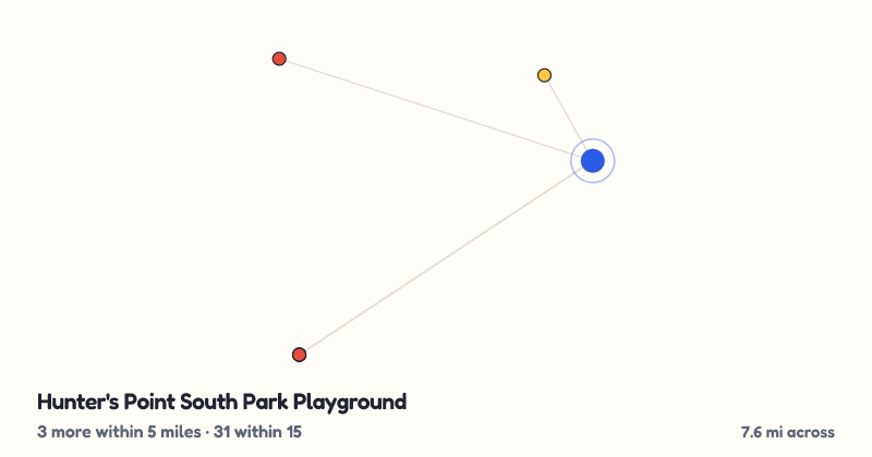 Map of Hunter's Point South Park Playground and the 31 other playgrounds within 15 miles