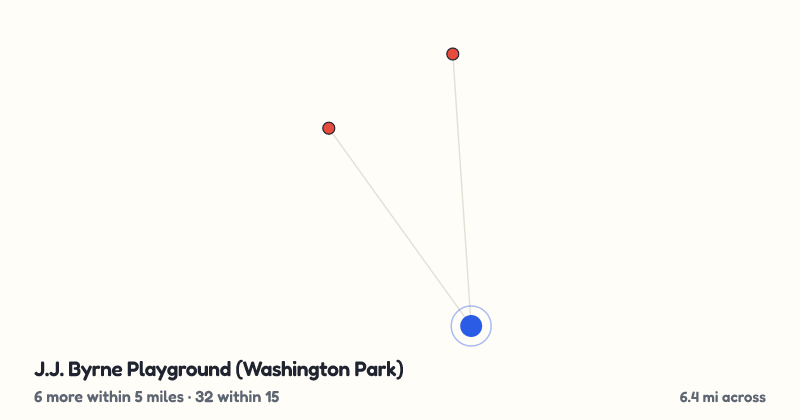 Map of J.J. Byrne Playground (Washington Park) and the 32 other playgrounds within 15 miles