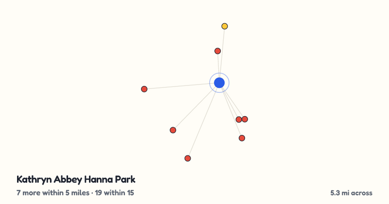 Map of Kathryn Abbey Hanna Park and the 19 other playgrounds within 15 miles