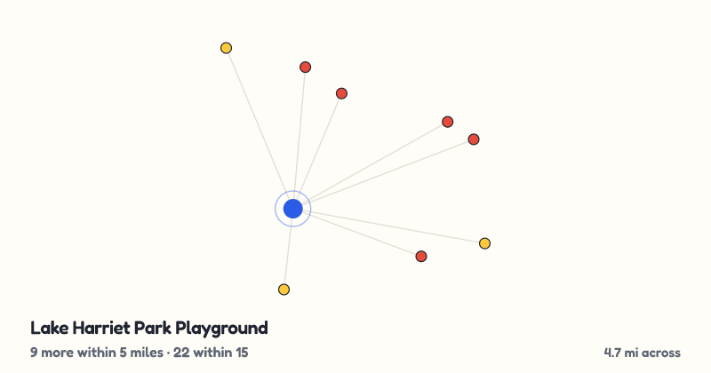 Map of Lake Harriet Park Playground and the 22 other playgrounds within 15 miles