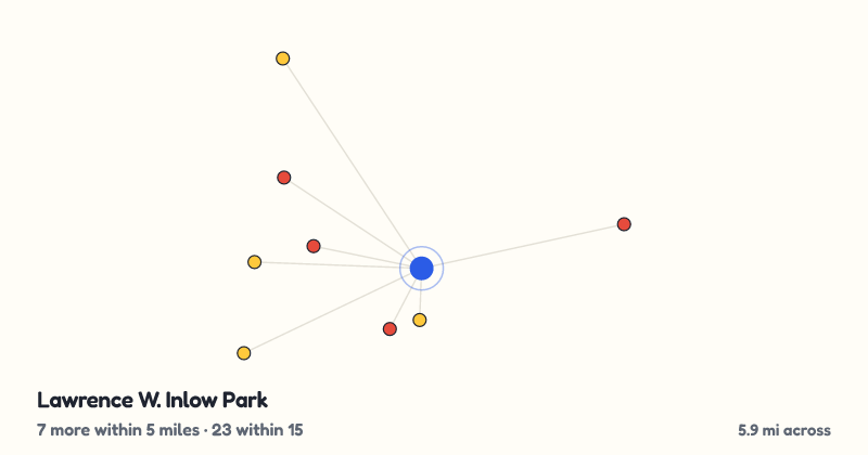 Map of Lawrence W. Inlow Park and the 23 other playgrounds within 15 miles