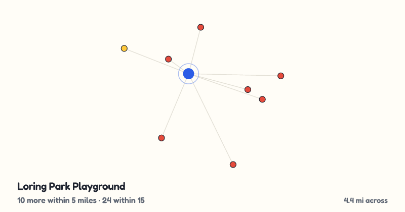 Map of Loring Park Playground and the 24 other playgrounds within 15 miles