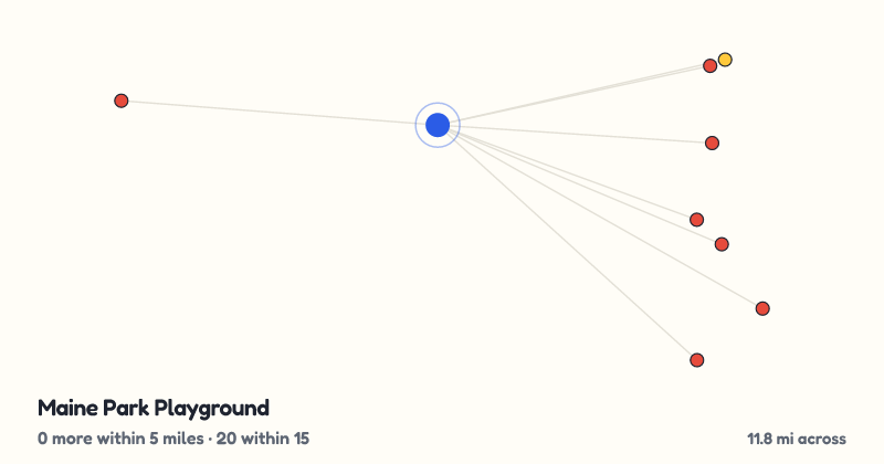Map of Maine Park Playground and the 20 other playgrounds within 15 miles