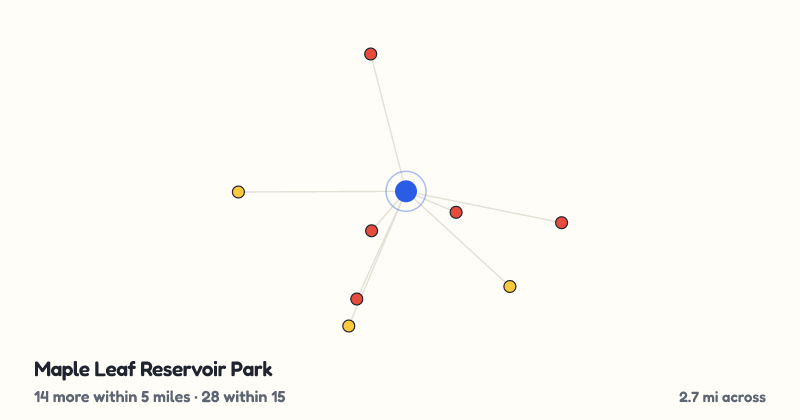 Map of Maple Leaf Reservoir Park and the 28 other playgrounds within 15 miles