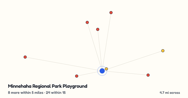 Map of Minnehaha Regional Park Playground and the 24 other playgrounds within 15 miles