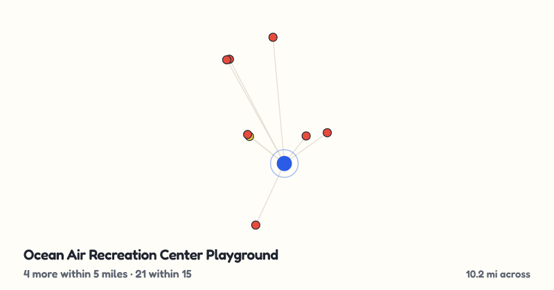 Map of Ocean Air Recreation Center Playground and the 21 other playgrounds within 15 miles