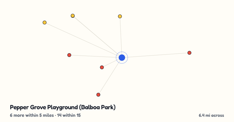 Map of Pepper Grove Playground (Balboa Park) and the 14 other playgrounds within 15 miles