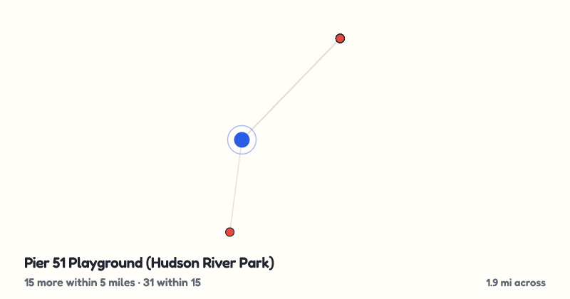 Map of Pier 51 Playground (Hudson River Park) and the 31 other playgrounds within 15 miles