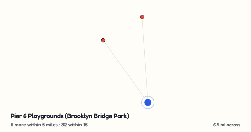 Map of Pier 6 Playgrounds (Brooklyn Bridge Park) and the 32 other playgrounds within 15 miles