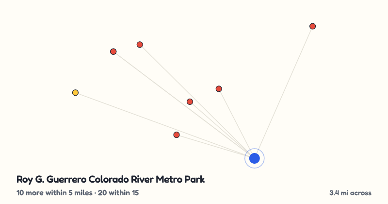Map of Roy G. Guerrero Colorado River Metro Park and the 20 other playgrounds within 15 miles