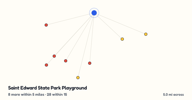 Map of Saint Edward State Park Playground and the 28 other playgrounds within 15 miles