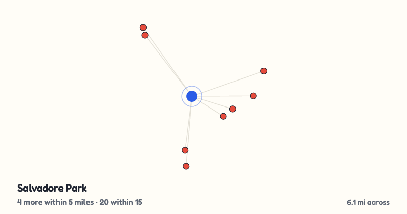 Map of Salvadore Park and the 20 other playgrounds within 15 miles