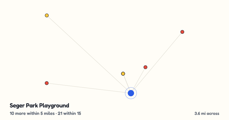 Map of Seger Park Playground and the 21 other playgrounds within 15 miles
