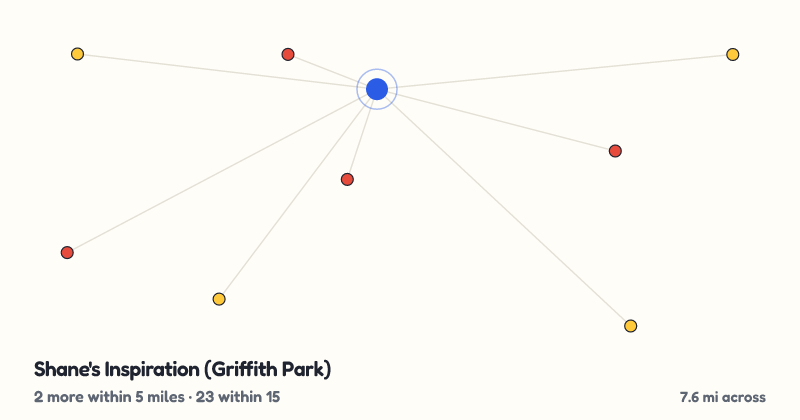 Map of Shane's Inspiration (Griffith Park) and the 23 other playgrounds within 15 miles
