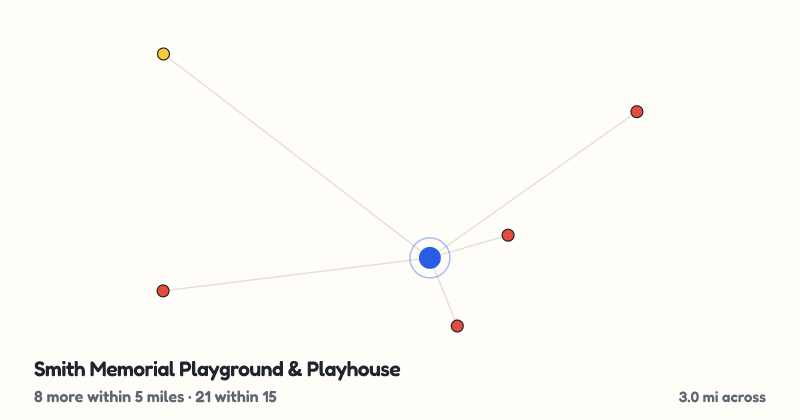 Map of Smith Memorial Playground & Playhouse and the 21 other playgrounds within 15 miles