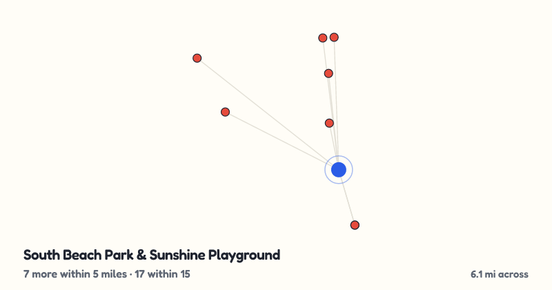 Map of South Beach Park & Sunshine Playground and the 17 other playgrounds within 15 miles