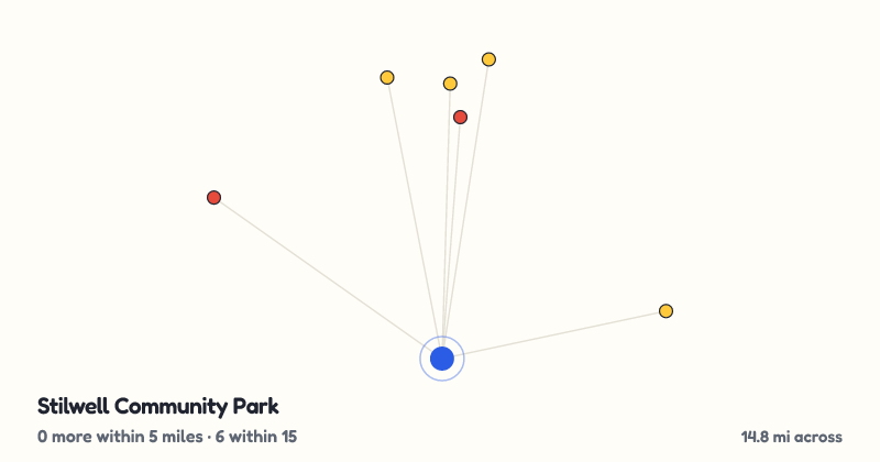 Map of Stilwell Community Park and the 6 other playgrounds within 15 miles