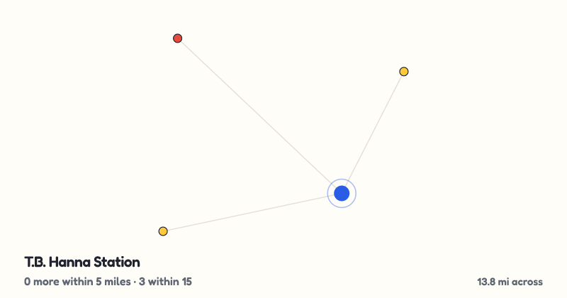 Map of T.B. Hanna Station and the 3 other playgrounds within 15 miles