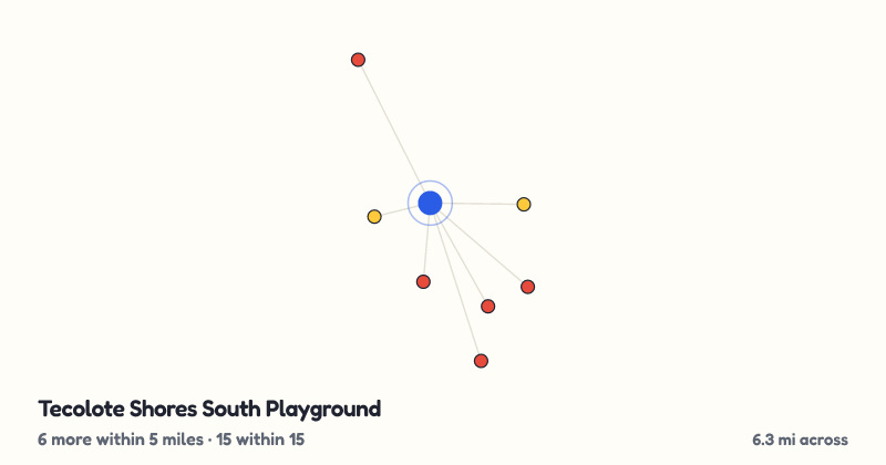 Map of Tecolote Shores South Playground and the 15 other playgrounds within 15 miles