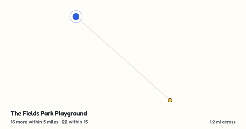 Map of The Fields Park Playground and the 22 other playgrounds within 15 miles