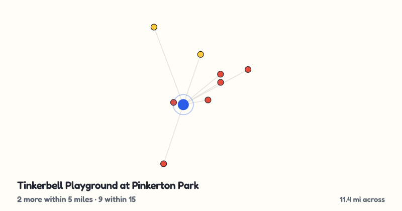 Map of Tinkerbell Playground at Pinkerton Park and the 9 other playgrounds within 15 miles