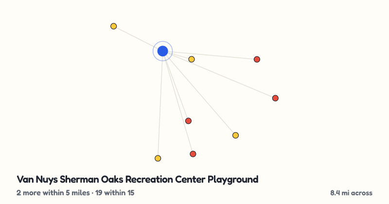 Map of Van Nuys Sherman Oaks Recreation Center Playground and the 19 other playgrounds within 15 miles