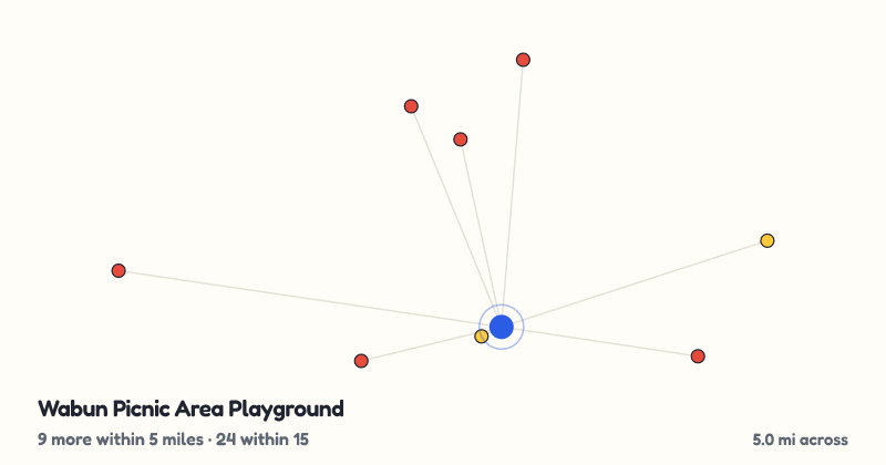 Map of Wabun Picnic Area Playground and the 24 other playgrounds within 15 miles