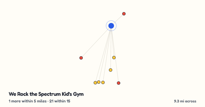 Map of We Rock the Spectrum Kid's Gym and the 21 other playgrounds within 15 miles