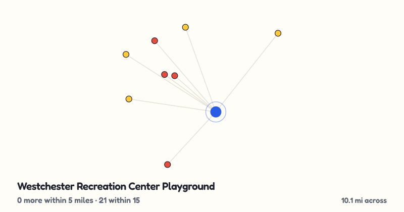 Map of Westchester Recreation Center Playground and the 21 other playgrounds within 15 miles