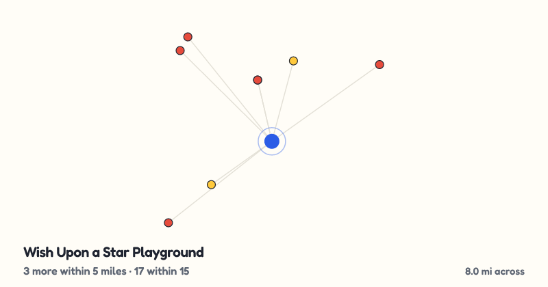 Map of Wish Upon a Star Playground and the 17 other playgrounds within 15 miles