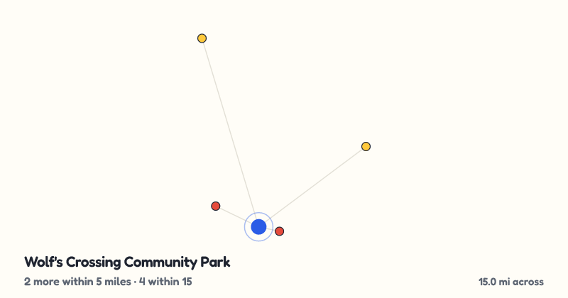 Map of Wolf's Crossing Community Park and the 4 other playgrounds within 15 miles